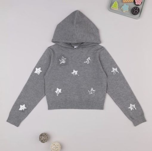 Pulover tricot cu gluga si paiete