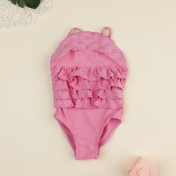 Costum de baie roz cu volane