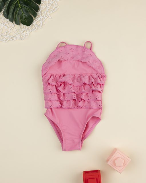 Costum de baie roz cu volane