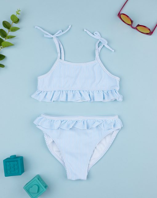 Costum de baie 2 piese cu dungi albastre